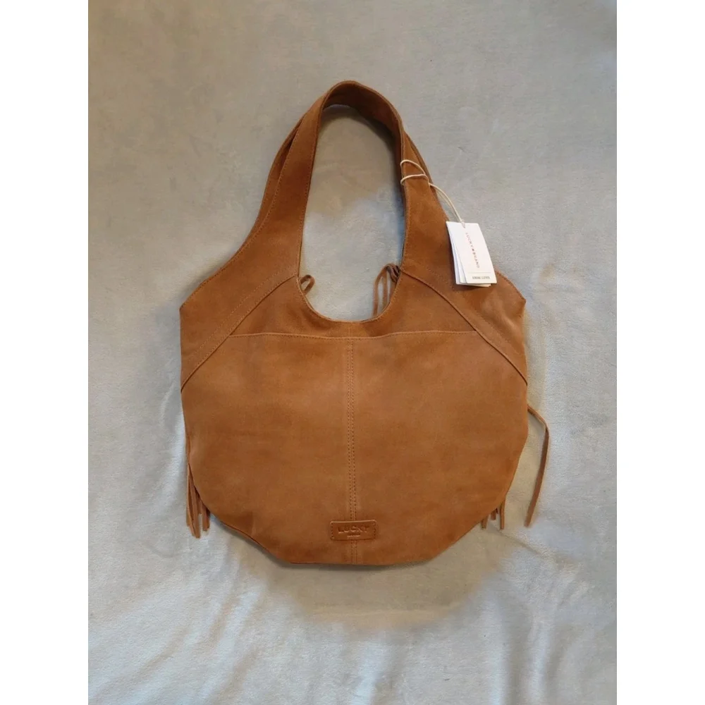 Lucky Brand Nyra Honey Tan Suede Fringe Leather Hobo Shoulder Bag Boho NWT
